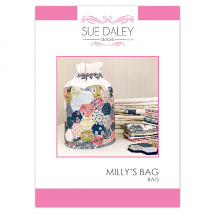 Sue Daley Designs pattern book for 'Milly's Bag' with fabric bag and patterns on a white background.
Photo by Sue Daley [image_link]