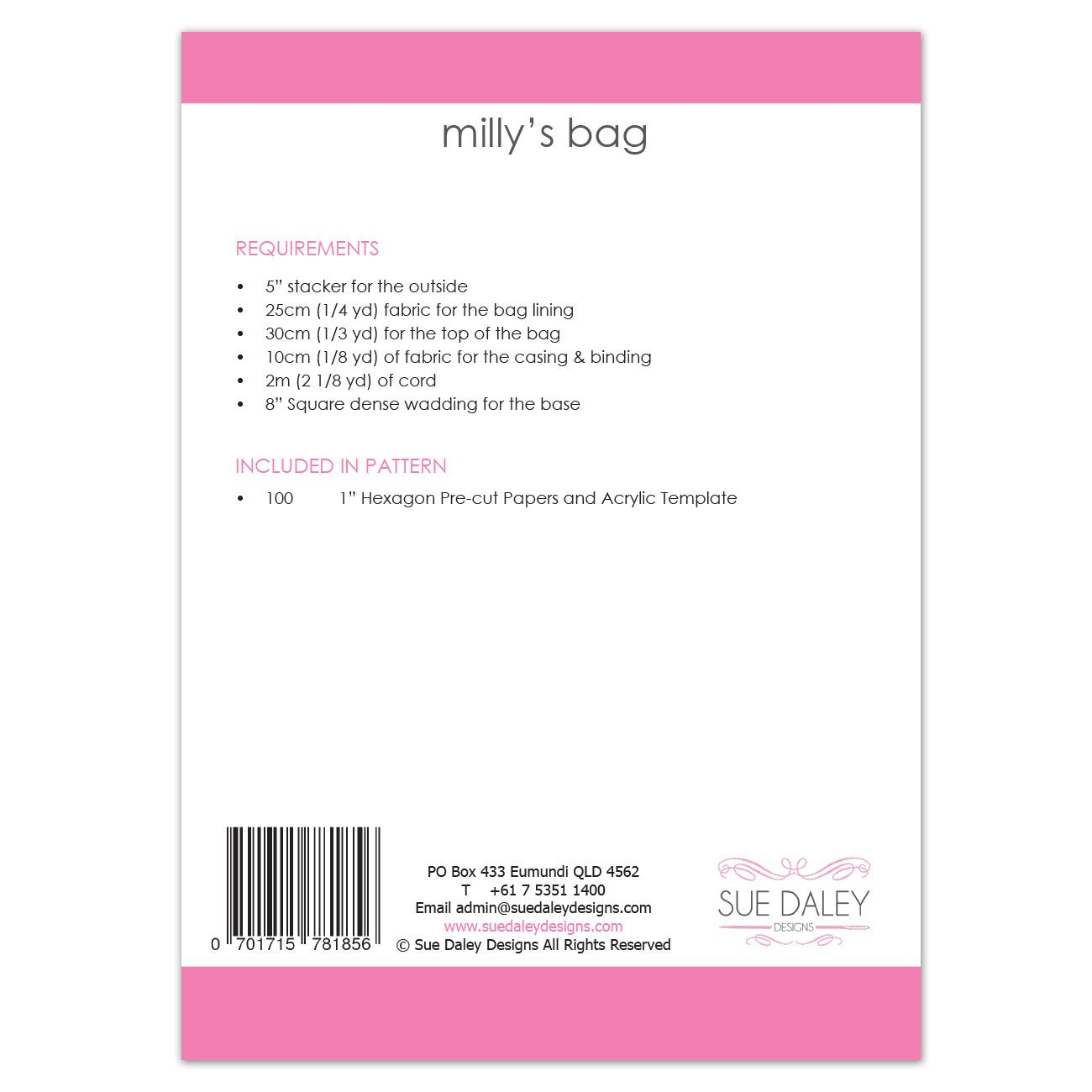 Back cover of a craft pattern booklet titled 'milly's bag' by Sue Daley Designs, featuring pink header and footer bands, a barcode, and a list of requirements and included items.
Photo by Sue Daley [additional_image_link]