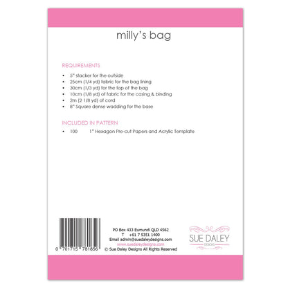 Back cover of a craft pattern booklet titled 'milly's bag' by Sue Daley Designs, featuring pink header and footer bands, a barcode, and a list of requirements and included items.
Photo by Sue Daley [additional_image_link]
