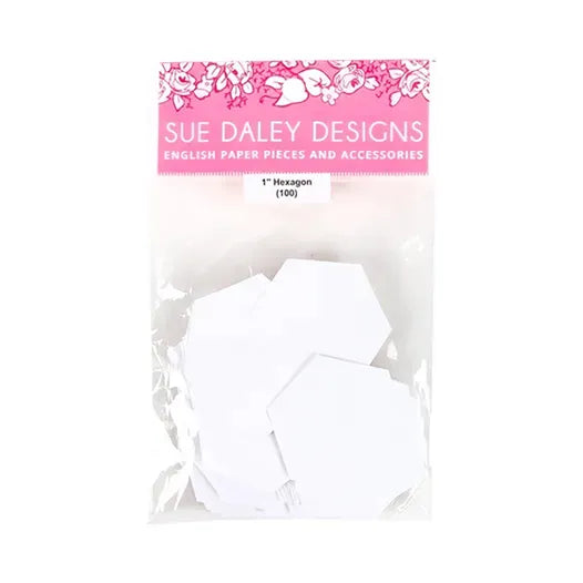 A package of white paper hexagons by Sue Daley Designs, containing 100 pieces, in a clear plastic bag with a pink header card.
Photo by Sue Daley [additional_image_link]
