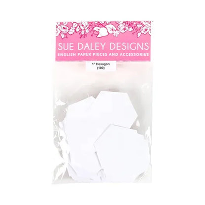 A package of white paper hexagons by Sue Daley Designs, containing 100 pieces, in a clear plastic bag with a pink header card.
Photo by Sue Daley [additional_image_link]