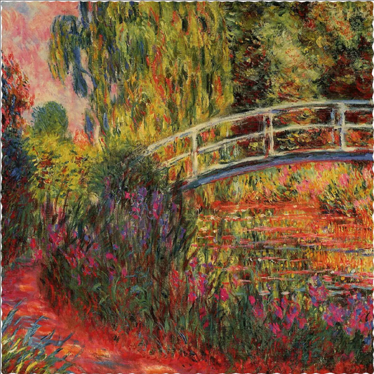 A colorful jigsaw puzzle depicting Claude Monet's Japanese Bridge, with a vibrant background and a white bridge over a pond.
Photo by Nautilus Puzzles [image_link]