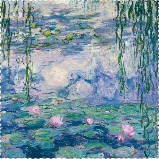 A jigsaw puzzle depicting a section of Claude Monet's famous waterlily paintings, featuring green lily pads and pink flowers in a blue pond.
Photo by Nautilus Puzzles [image_link]