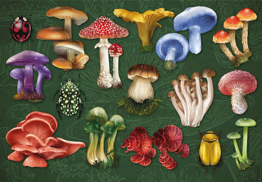 A vintage-style botanical illustration featuring an assortment of colorful mushrooms and two ladybugs on a dark green patterned background.
Photo by Mosaic Puzzles [image_link]
