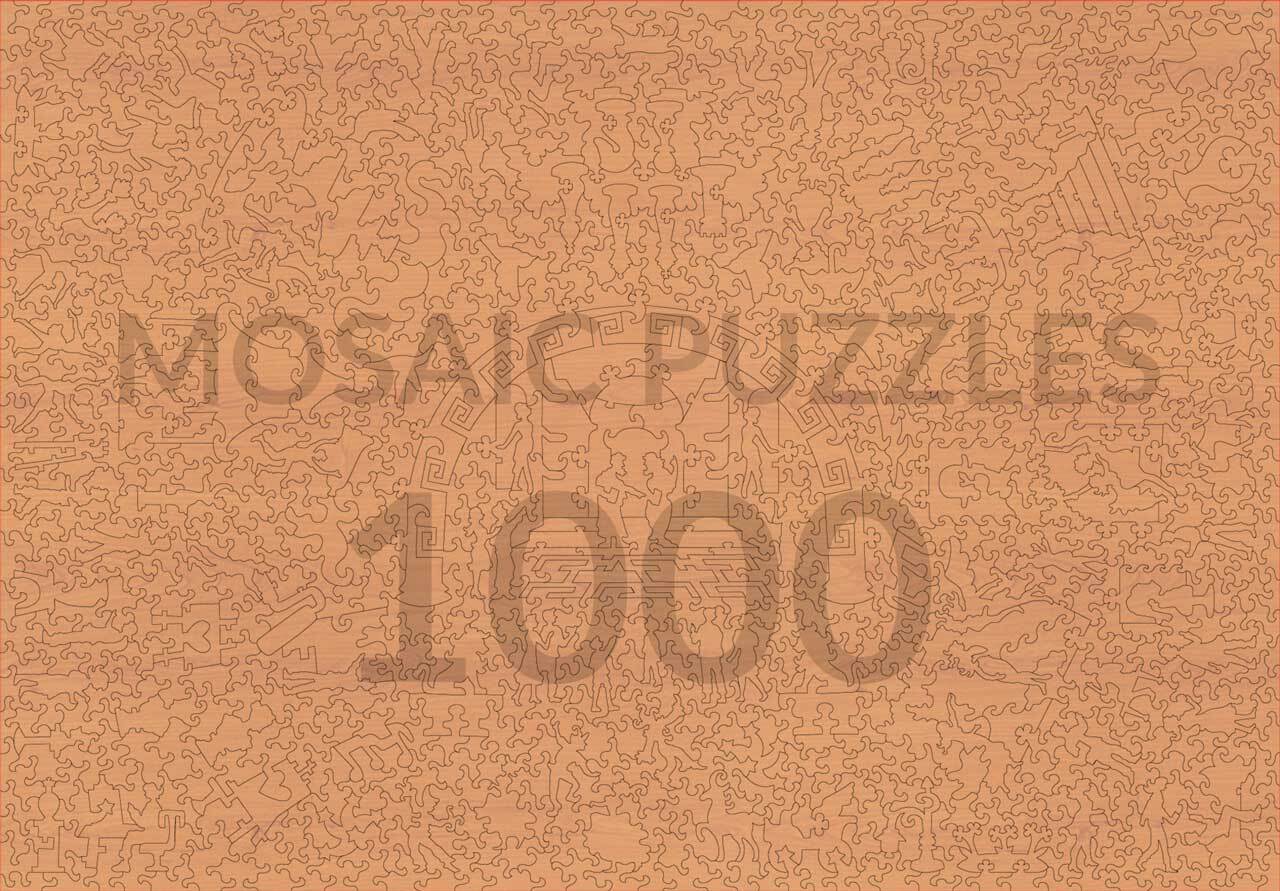 A square product cover or box front for a 1000-piece jigsaw puzzle set, featuring the words 'MOSAIC PUZZLES 1000' in a faded tan font over a dense line-art pattern of small illustrated figures and objects in a warm peachy-brown tone.
Photo by Mosaic Puzzles [additional_image_link]
