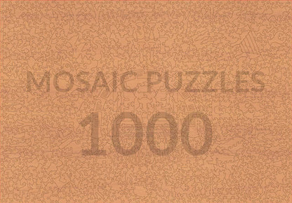 A square product cover or box front for a 1000-piece jigsaw puzzle set, featuring the words 'MOSAIC PUZZLES 1000' in a faded tan font over a dense line-art pattern of small illustrated figures and objects in a warm peachy-brown tone.
Photo by Mosaic Puzzles [additional_image_link]