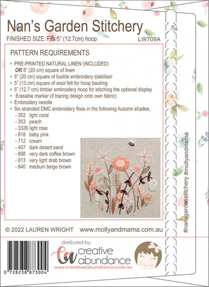 Back cover of a sewing pattern package for 'Nan's Garden Stitchery', showing pattern requirements, a sample floral embroidery design, and distribution details for Creative Abundance.
Photo by Molly and Mama [additional_image_link]
