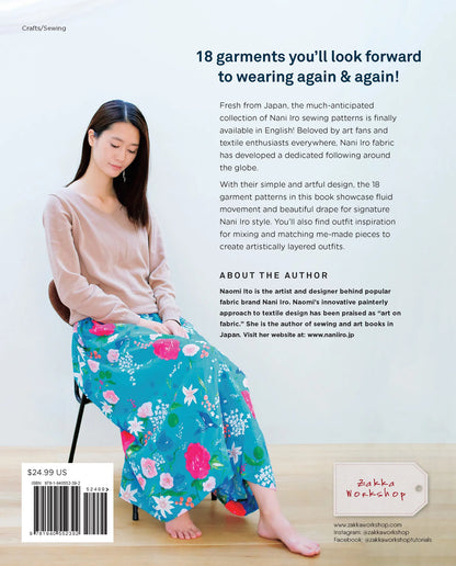 Bookback with a woman wearing a floral skirt sitting on a chair, text about sewing patterns, and a Zakkha Bookshop label.
[additional_image_link]