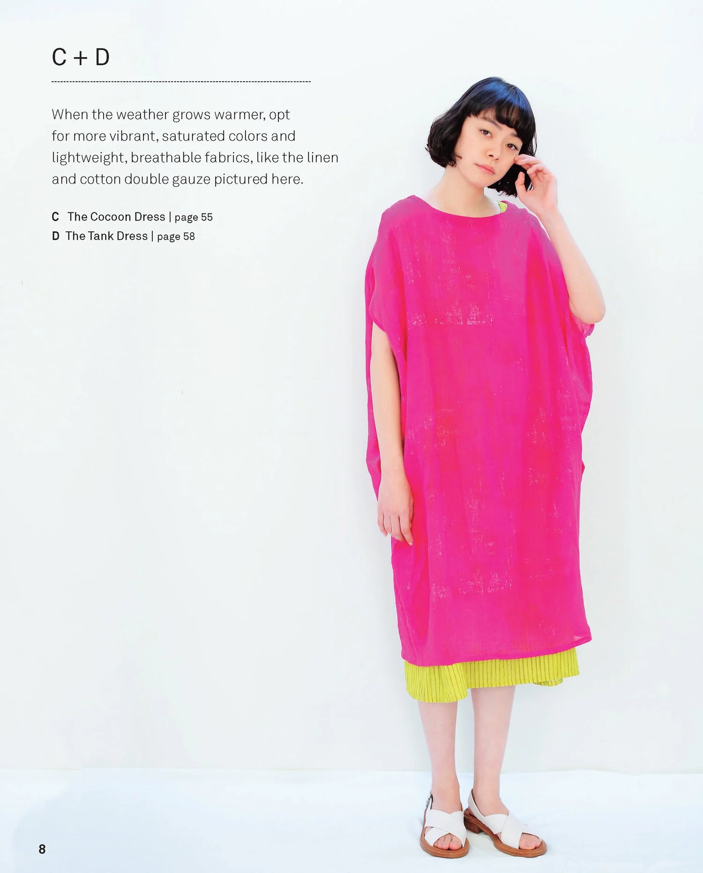 Woman wearing a bright pink dress with text about fabric choices on a white background.
[additional_image_link]