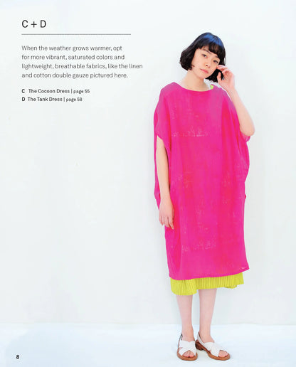 Woman wearing a bright pink dress with text about fabric choices on a white background.
[additional_image_link]
