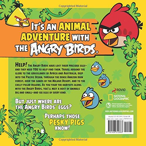 Back cover of a children's book titled 'It's an Animal Adventure with the Angry Birds' featuring colorful Angry Birds characters, green jungle illustrations, and text blocks on a bright yellow background.
[additional_image_link]