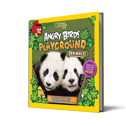National Geographic Kids Angry Birds the Playground Animals hardcover book, featuring a bright yellow border, cartoon birds, pandas, and jungle graphics on the cover.
[additional_image_link]