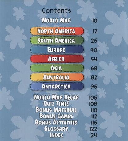 A printed table of contents on a light blue floral background, listing world map chapters such as North America, South America, Europe, Africa, Asia, Australia, and Antarctica with page numbers.
[additional_image_link]