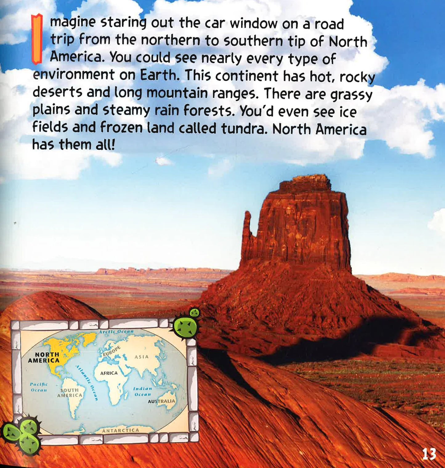 A children's educational book page showing a large photograph of a red rock desert butte landscape, with a small inset world map in the lower left and text at the top describing North America.
[additional_image_link]