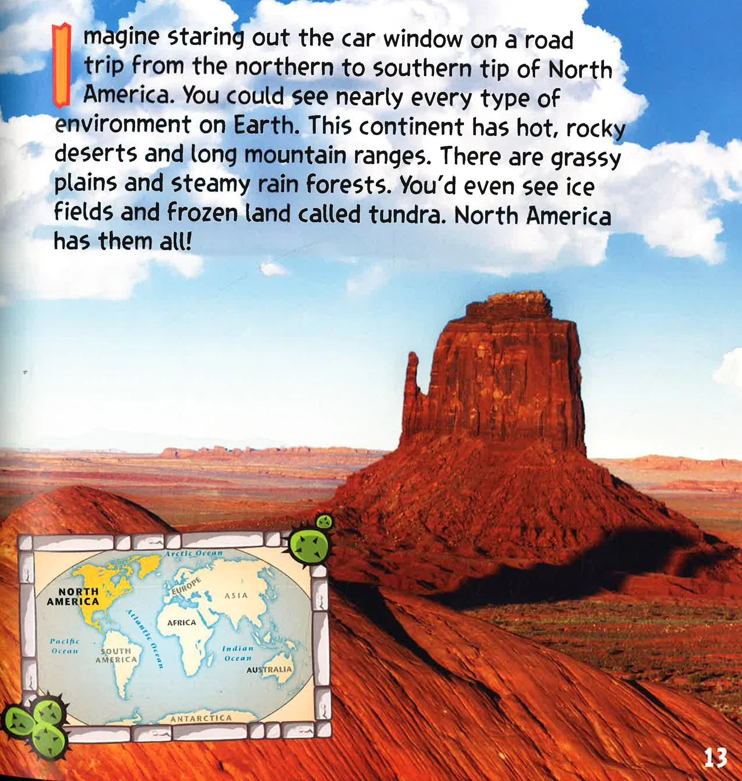 A children's educational book page showing a large photograph of a red rock desert butte landscape, with a small inset world map in the lower left and text at the top describing North America.
[additional_image_link]