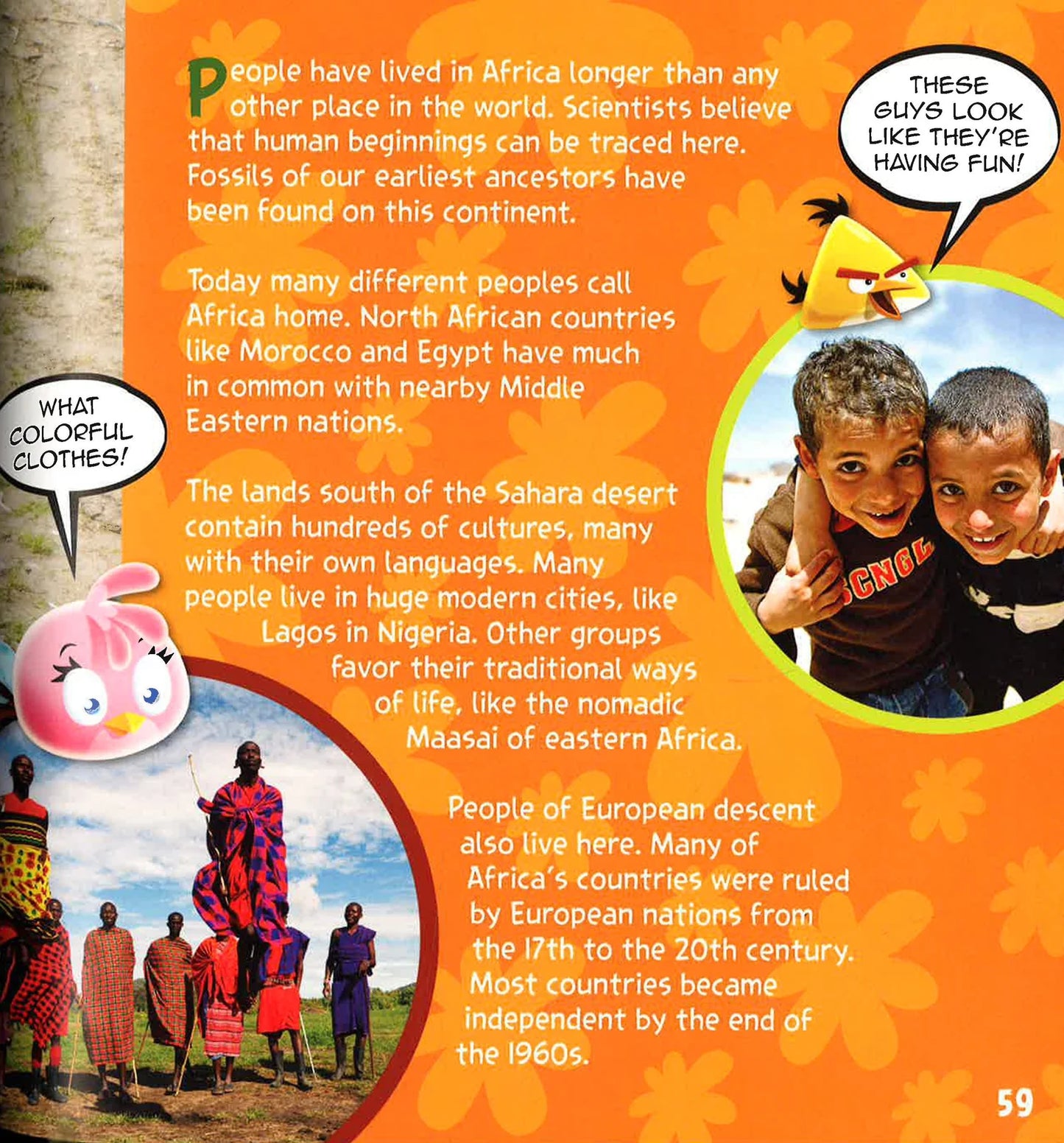 An educational children's poster about Africa, featuring a bright orange background with text, cartoon bird characters, and two circular photos showing people in Africa.
[additional_image_link]