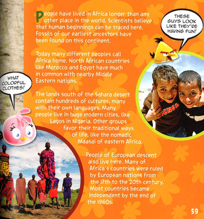 An educational children's poster about Africa, featuring a bright orange background with text, cartoon bird characters, and two circular photos showing people in Africa.
[additional_image_link]
