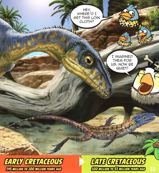 A colorful educational illustration comparing early and late Cretaceous periods, featuring cartoon dinosaurs and a lizard in a prehistoric landscape with speech bubbles and labeled time periods at the bottom.
[additional_image_link]