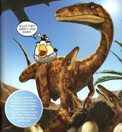 A colorful children's book or educational illustration showing a brown prehistoric dinosaur with a small cartoon bird character in front of it, with a speech bubble reading 'GLAD THEY AREN'T OUR EGGS.' The scene includes a blue sky, palm-like plants, and a circular text bubble explaining dinosaur bones and food.
[additional_image_link]