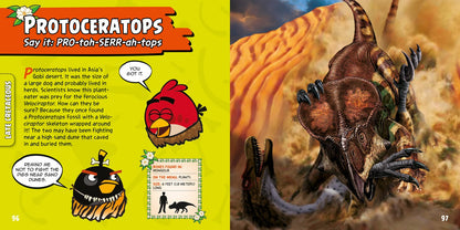 A two-page spread from a children's educational book about Protoceratops. The left page has a bright yellow background with the title 'Protoceratops' in large orange letters, a small Angry Birds parody illustration, and text explaining what the word means.
[additional_image_link]