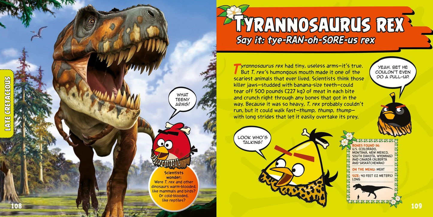 A children's educational poster or book page about the Tyrannosaurus Rex, showing a large T-rex illustration, cartoon bird characters, text, and small panels on a bright yellow background.
[additional_image_link]