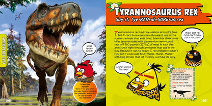 A children's educational poster or book page about the Tyrannosaurus Rex, showing a large T-rex illustration, cartoon bird characters, text, and small panels on a bright yellow background.
[additional_image_link]