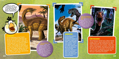 A printed educational page showing dinosaur illustrations and text panels, including a long-necked sauropod, a Jurassic dinosaur, a T-rex, and a crested dinosaur, with cartoon bird graphics and colored callout boxes on a green background.
[additional_image_link]
