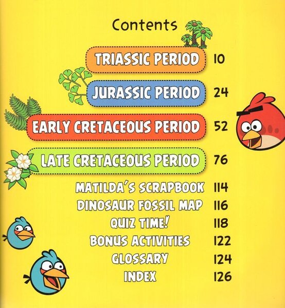 A bright yellow book or booklet cover showing a printed contents page with headings for Triassic, Jurassic, Early Cretaceous, and Late Cretaceous periods, plus listed activities and an index. Cartoon birds and small plant illustrations decorate the page.
[additional_image_link]