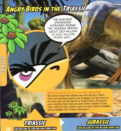 An educational card titled 'Angry Birds in the Triassic' featuring cartoon bird and dinosaur illustrations, text about dinosaurs from 250 to 200 million years ago, and labeled sections for Triassic and Jurassic.
[additional_image_link]