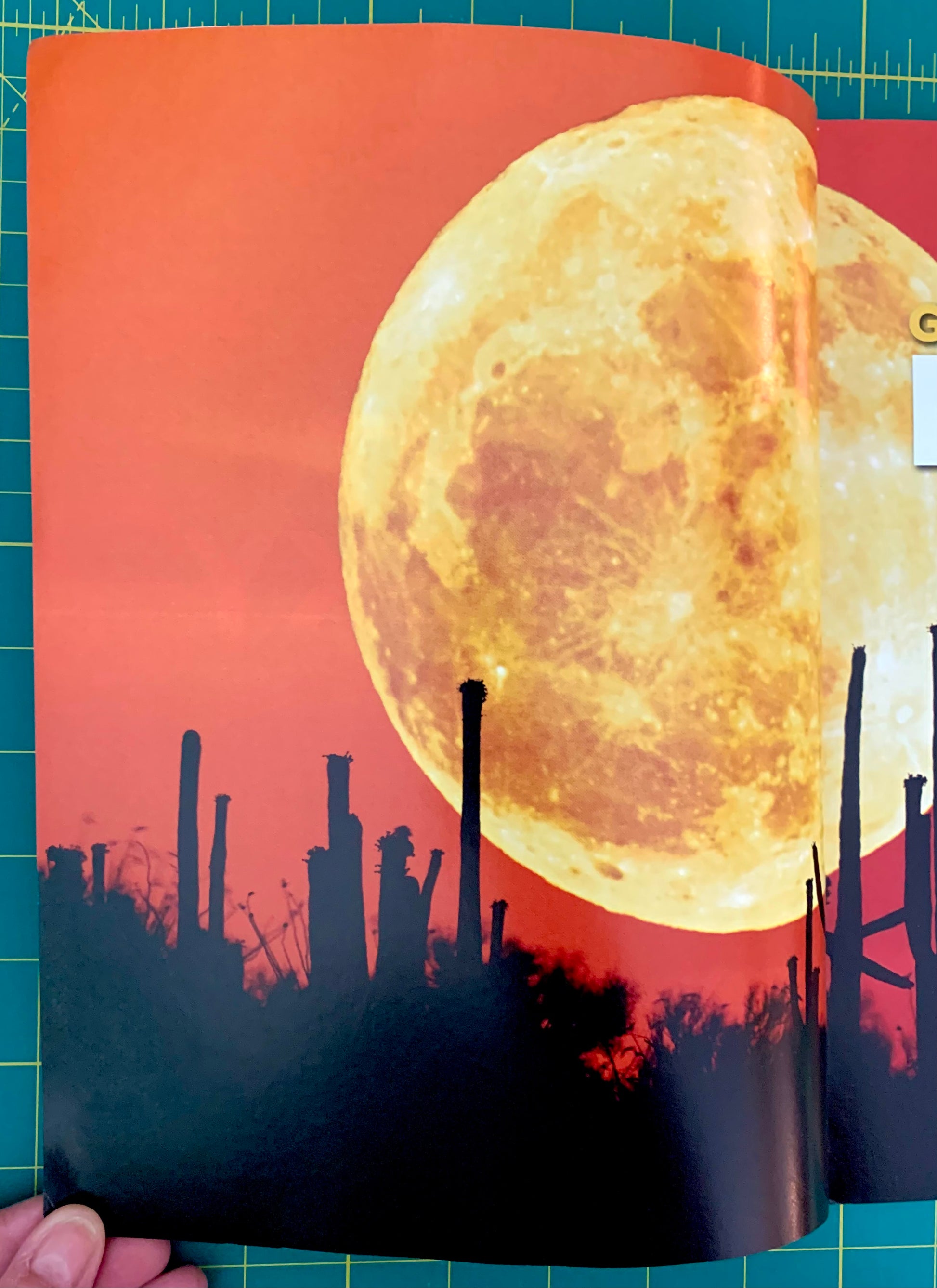 A printed art print or book page featuring a large glowing yellow-orange moon over a dark silhouetted desert landscape, held against a green cutting mat background.
[additional_image_link]