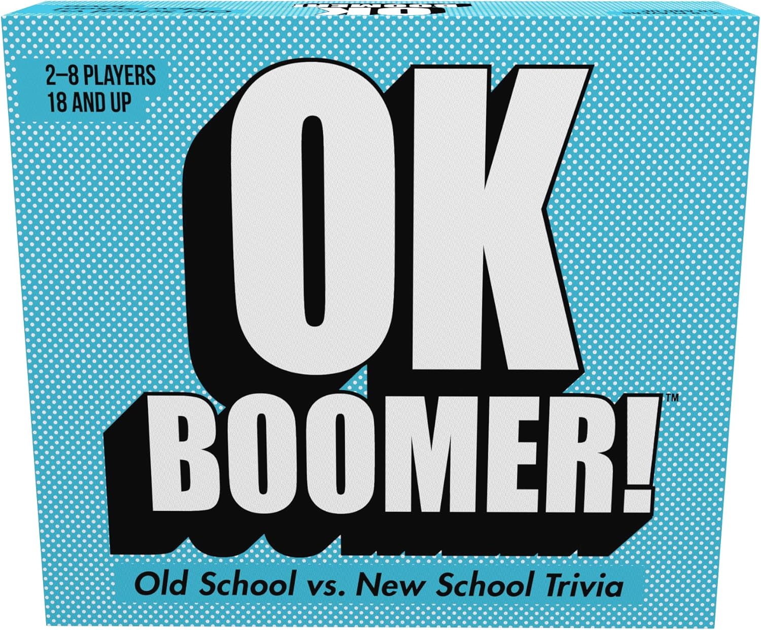 The image displays the packaging of the OK BOOMER trivia game, featuring a bold, graphic design with the title prominently in the center. The design includes a contrasting blue and white color scheme, with white text and blue background, highlighting the generational theme of the game 'Old School vs.
Photo by Goliath [image_link]