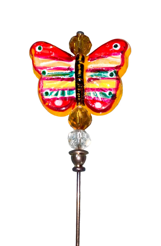 Decorative 5" stick pin with a red and orange multicolor glass butterfly lampwork, several complimentary glass beads, on a white background.
[image_link]