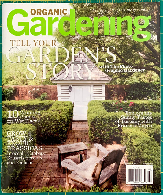 Front page of Organic Gardening magazine with hedges and a small white shed. 'Tell your Garden's Story' with large type.
[image_link]