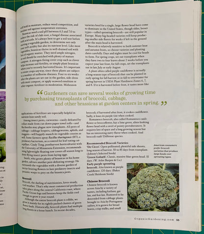 An open book spread showing a gardening article page with columns of text, a quote, and a small color photo of broccoli plants at the bottom right.
[additional_image_link]