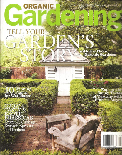 Front cover of Organic Gardening magazine featuring a garden patio scene with a small white shed, trimmed hedges, wooden chairs, and large title text at the top.
[additional_image_link]