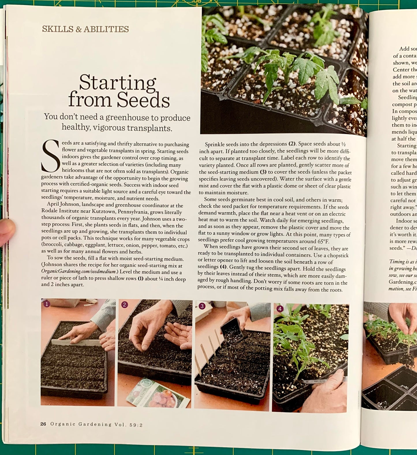 An open magazine or book spread showing a gardening article titled 'Starting from Seeds' with text, photos of seed-starting pots and seedlings, and a small inset of hands holding a plant.
[additional_image_link]