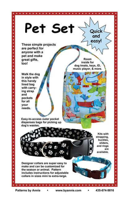 Pet set with collar, bag, and leash on a colorful background with text about the product.
[image_link]