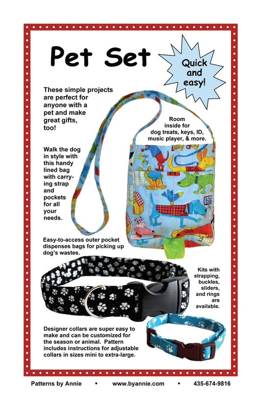 Pet set with collar, bag, and leash on a colorful background with text about the product.
[image_link]