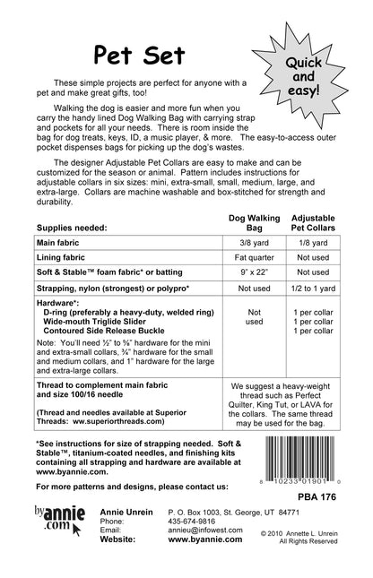 Back of a product packaging for a pet set with text and images of a dog walking bag and collar.
[additional_image_link]