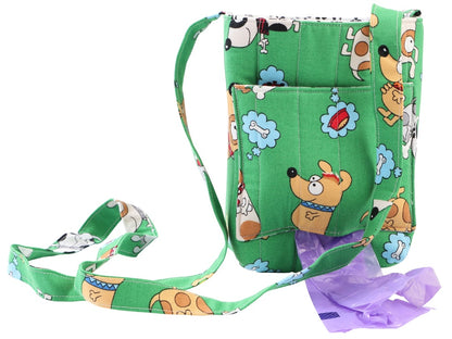 A green fabric dog training pouch with cartoon dog prints, featuring a front pocket, side pocket, and a long shoulder strap, shown with purple plastic training mats on a white background.
[additional_image_link]