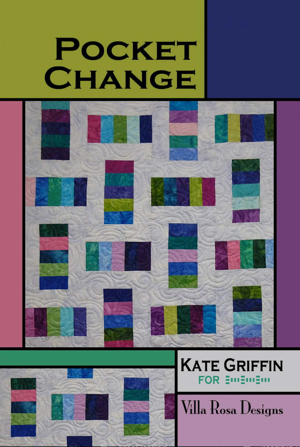 Book cover for 'Pocket Change' by Kate Griffin, featuring a colorful patchwork quilt design with blocks of blue, green, pink, and purple fabrics on a white quilted background.
Photo by Villa Rosa Designs [image_link]