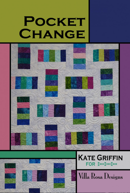 Book cover for 'Pocket Change' by Kate Griffin, featuring a colorful patchwork quilt design with blocks of blue, green, pink, and purple fabrics on a white quilted background.
Photo by Villa Rosa Designs [image_link]