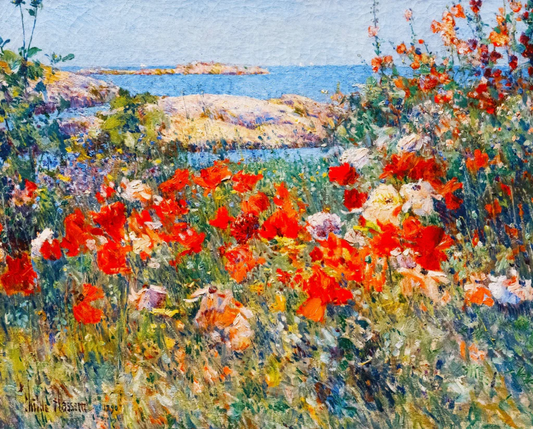 A jigsaw puzzle depicting a vibrant summer scene with red poppies and green foliage, based on the artwork 'Poppies, Isles of Shoals, Maine' by Childe Hassam.
Photo by Nautilus Puzzles [image_link]