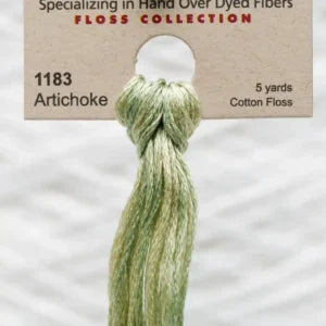 Artichoke green cotton floss tied in a knot with packaging in the background.