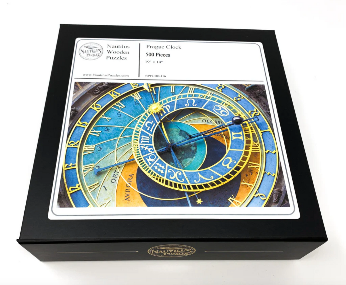 A completed wooden jigsaw puzzle depicting the Prague Astronomical Clock, with a richly colored design and various time-keeping elements.
Photo by Nautilus Puzzles [additional_image_link]