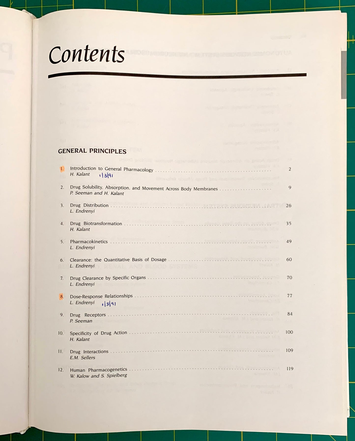 An open book showing the Contents page with a table of general pharmacology topics, photographed on a green cutting mat.
[additional_image_link]