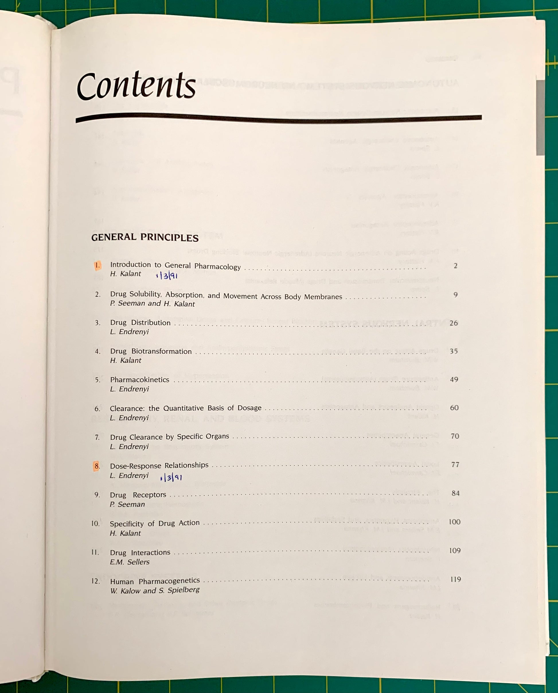 An open book showing the Contents page with a table of general pharmacology topics, photographed on a green cutting mat.
[additional_image_link]