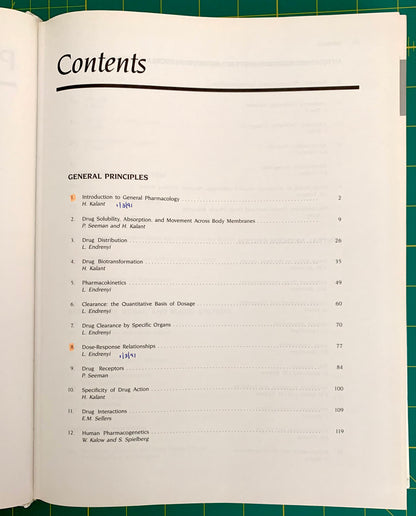 An open book showing the Contents page with a table of general pharmacology topics, photographed on a green cutting mat.
[additional_image_link]