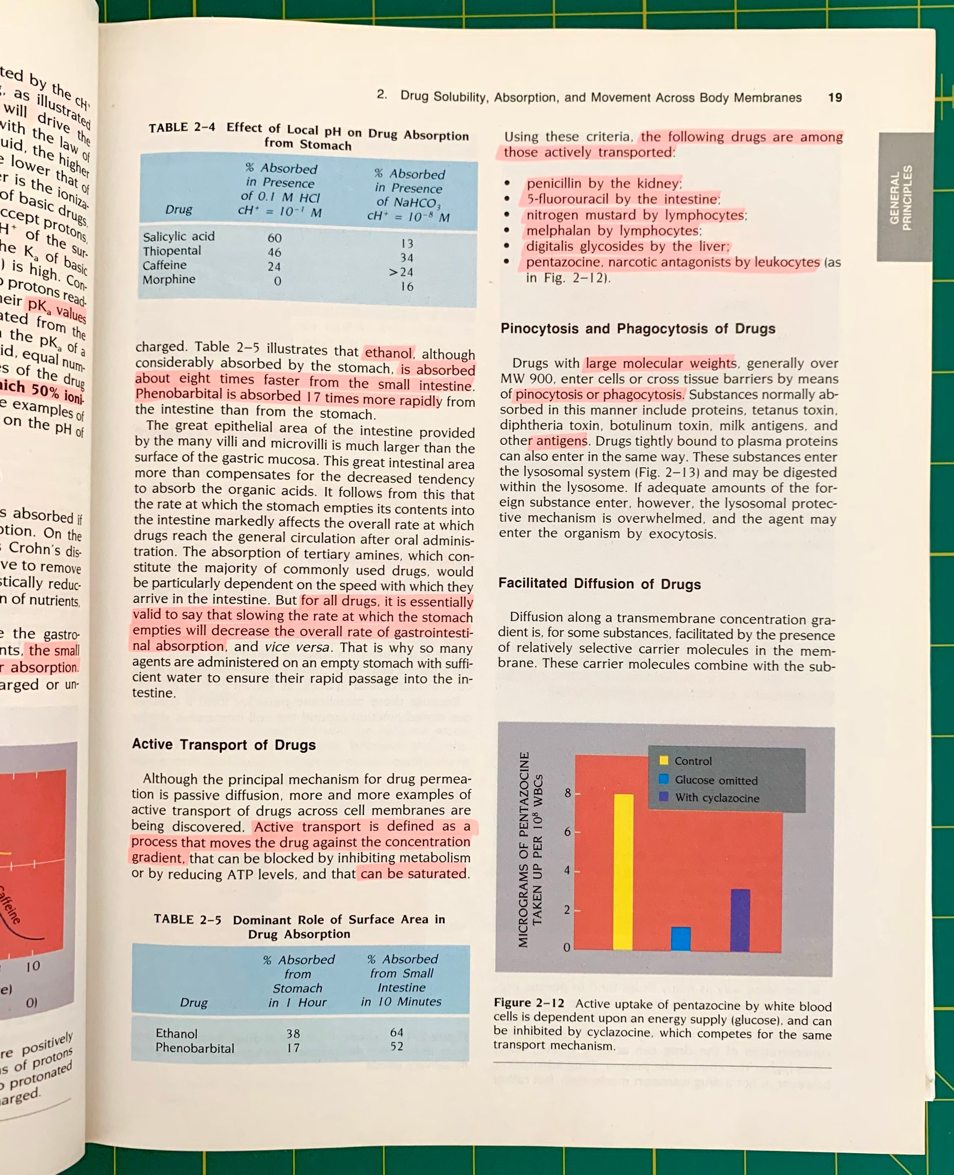 An open textbook with highlighting spread showing drug absorption and transport tables and figures, including Table 2.4, Table 2.
[additional_image_link]