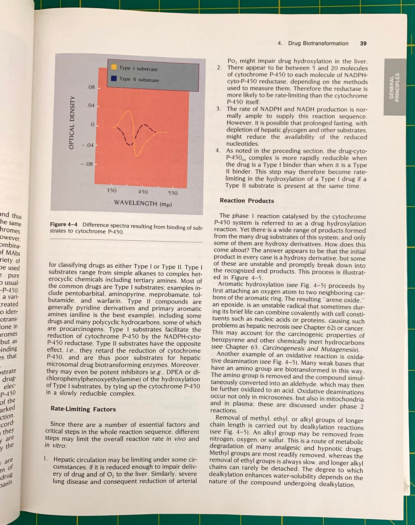 An open book showing a printed page with text, a small orange-and-blue wavelength graph, and a reaction-product table, photographed indoors with natural light.
[additional_image_link]